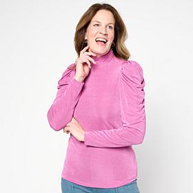 C Wonder Mock Neck Shirred Puff Sleeve Top