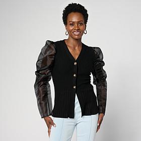 C Wonder Organza Sleeve Ribbed Cardigan