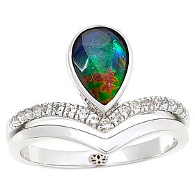 Canadian Ammolite Gems Ammolite Pear and White Topaz Ring