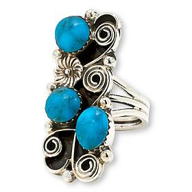Chaco Canyon Kingman Turquoise 3-Stone Elongated Flower-Design Ring