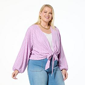 Colleen Lopez Crochet Eyelet Knit Tie-Front Topper