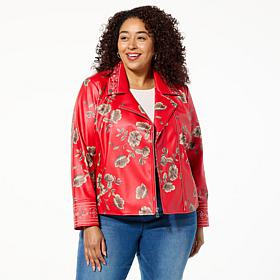 Colleen Lopez Embroidered Faux Leather and Print Moto Jacket