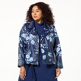 Colleen Lopez Embroidered Faux Leather and Print Moto Jacket