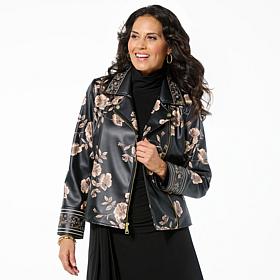 Colleen Lopez Embroidered Faux Leather and Print Moto Jacket