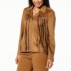 Colleen Lopez Faux Suede Moto Jacket with Fringe