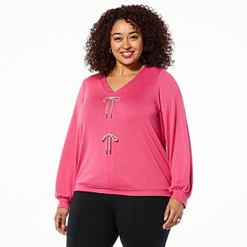 Colleen Lopez Long-Sleeve Blouson Sweater with Metallic Ties