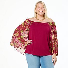 Colleen Lopez Off Shoulder Knit Tank with Print Woven Cape
