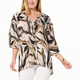 Colleen Lopez Printed Woven Dolman Top with Button Front
