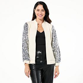 Colleen Lopez Sequin Sleeve Faux Leather Bomber Jacket