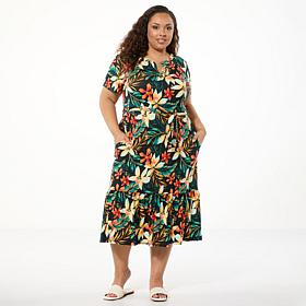 Comfort Code Jersey Knit Belted Tiered-Hem Midi Dress