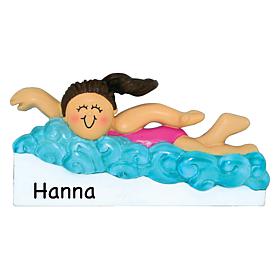 Custom Personalization Brunette Female Swimming Ornament