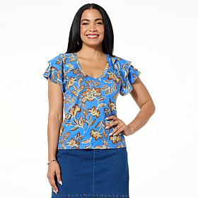 Democracy 3-Tiered Bell Sleeve Printed Slub Knit Top