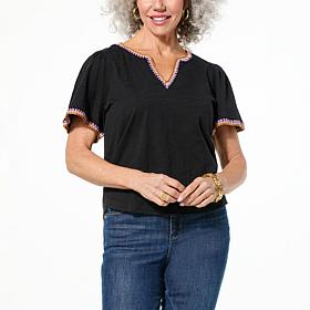 Democracy Crochet Trim Bell-Sleeve Knit Top