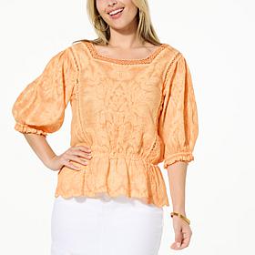 Democracy Embroidered Peplum Top with Crochet Trim