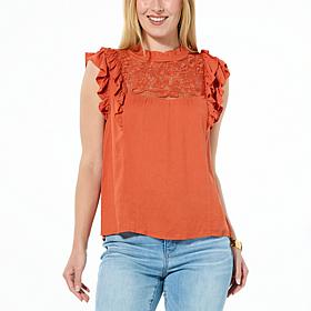 Democracy Woven Crepe Double Ruffle Cap-Sleeve Top