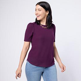 DG2 by Diane Gilman Brushed Sweater Knit Short Puff-Sleeve Top