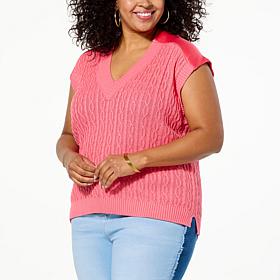 DG2 by Diane Gilman Cable Knit Sweater Vest with Just Like Silk Trim