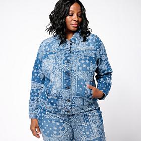 DG2 by Diane Gilman Classic Stretch Scarf Print Denim Jacket