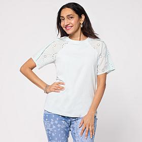 DG2 by Diane Gilman Cotton Jersey Mixed Media Eyelet Sleeve Top