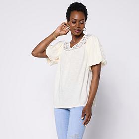 DG2 by Diane Gilman Cotton Modal Lace Yoke Bubble Sleeve Top