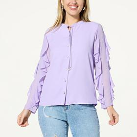 DG2 by Diane Gilman Crepe & Chiffon Ruffle-Sleeve Button-Up Blouse
