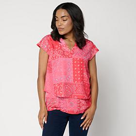 DG2 by Diane Gilman Crepe de Chine V-Neck Cap-Sleeve Easy Top