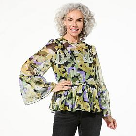 DG2 by Diane Gilman Crinkle Chiffon Bell Sleeve Blouse