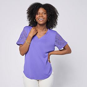 DG2 by Diane Gilman Crochet Lace V-Neck Tee