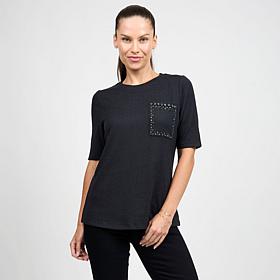 DG2 by Diane Gilman Embellished Brushed Sweater Knit Short-Sleeve Top