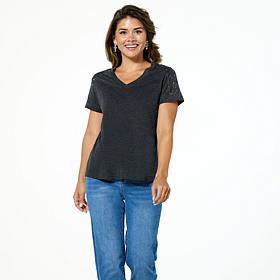 DG2 by Diane Gilman Embellished Rhinestone V-Neck Short Sleeve Tee