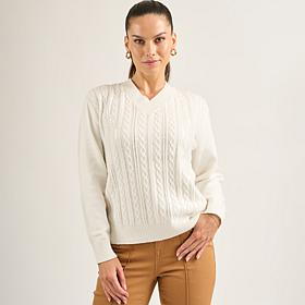 DG2 by Diane Gilman Embellished V-Neck Cable Knit Sweater