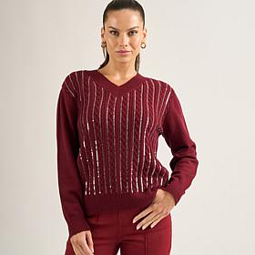 DG2 by Diane Gilman Embellished V-Neck Cable Knit Sweater