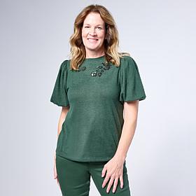 DG2 by
Diane Gilman Embroidered Balloon-Sleeve Brushed Knit Top