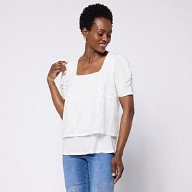 DG2 by Diane Gilman Embroidered Puff-Sleeve Square-Neck Top