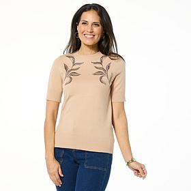 DG2 by Diane Gilman Embroidered Short-Sleeve SoftEase Sweater