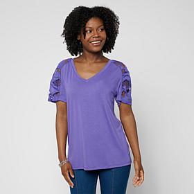 DG2 by Diane Gilman Everyday Jersey Eyelet Ruched Sleeve Top