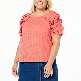 DG2 by Diane Gilman Eyelet Knit Ruffled Puff Sleeve Top