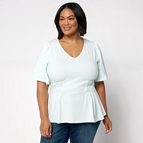 DG2 by Diane Gilman Flutter-Sleeve Shirred Waist V-Neck Knit Top