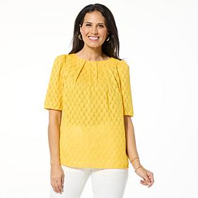 DG2 by Diane Gilman Geometric Clipped Jacquard Pleated Blouse
