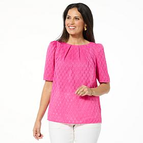 DG2 by Diane Gilman Geometric Clipped Jacquard Pleated Blouse