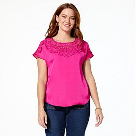 DG2 by Diane Gilman Just Like Silk Crochet Lace Yoke Dolman Top