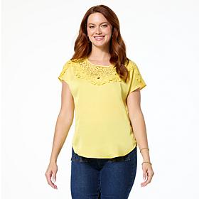 DG2 by Diane Gilman Just Like Silk Crochet Lace Yoke Dolman Top