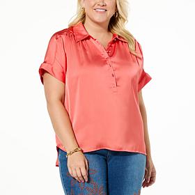 DG2 by Diane Gilman Just Like Silk Shirred Shoulder Button-Up Top
