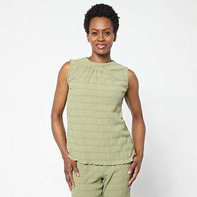 DG2 by Diane Gilman Knit Micro Plisse Gathered Neck Sleeveless Top