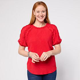 DG2 by Diane Gilman Knit Plisse Short Sleeve Ruffle Top