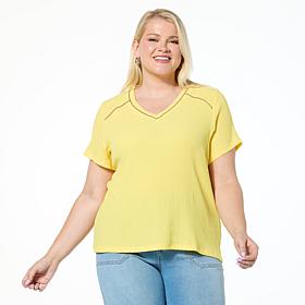 DG2 by Diane Gilman Knit Plissé V-Neck Top with Studded Trim