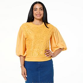 DG2 by Diane Gilman Lace-Front 3/4 Lantern Sleeve Blouse