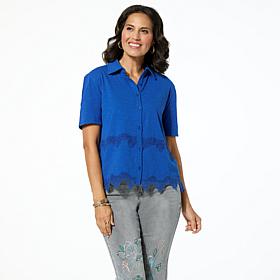 DG2 by Diane Gilman Lace Inset Knit Button-Up Shirt