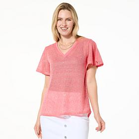 DG2 by Diane Gilman Mesh Knit Flutter-Sleeve Sweater with Sequins