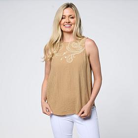 DG2 by Diane Gilman Metallic Embroidered Mixed Media Tank